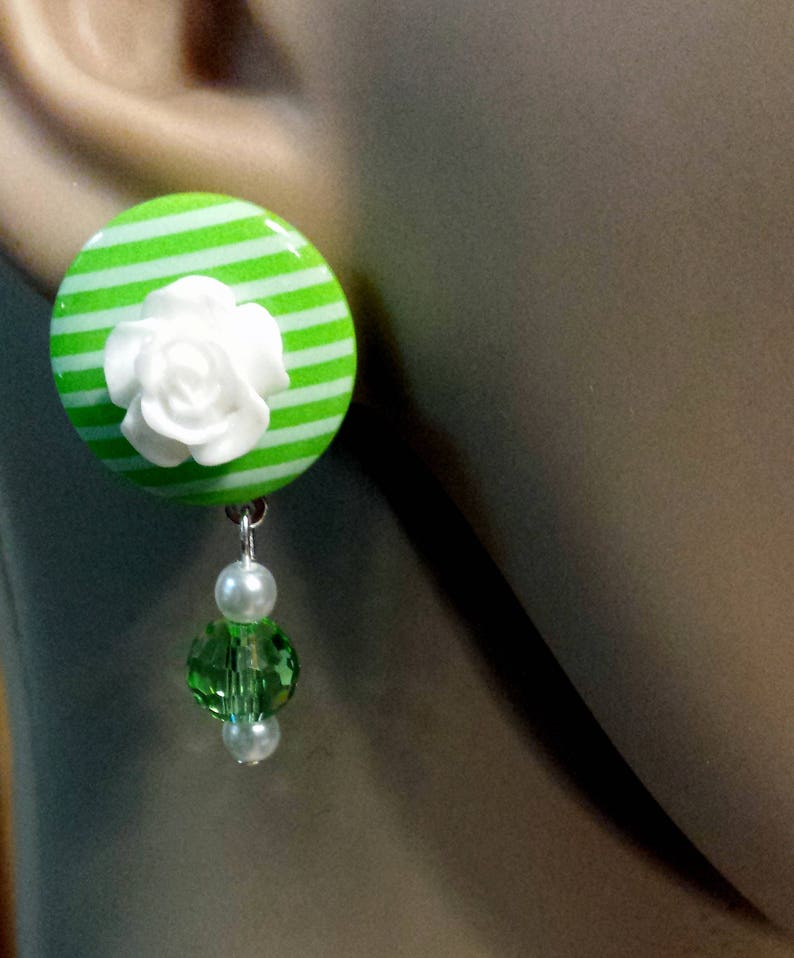Lime Green and White Clip Dangle Earrings