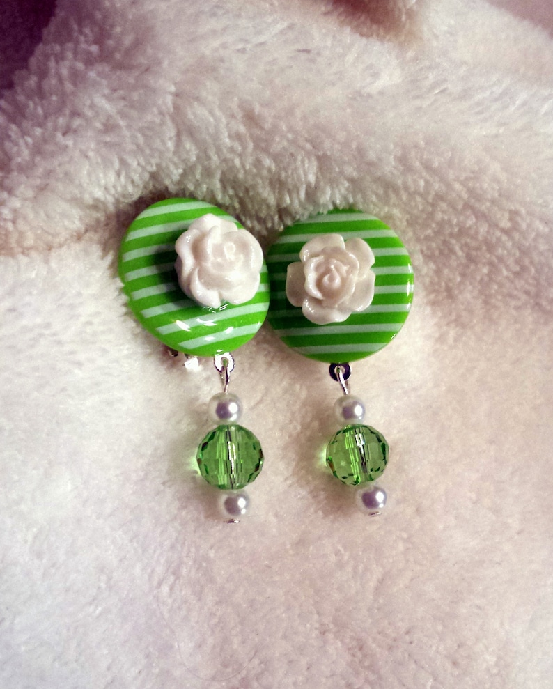 Lime Green and White Clip Dangle Earrings