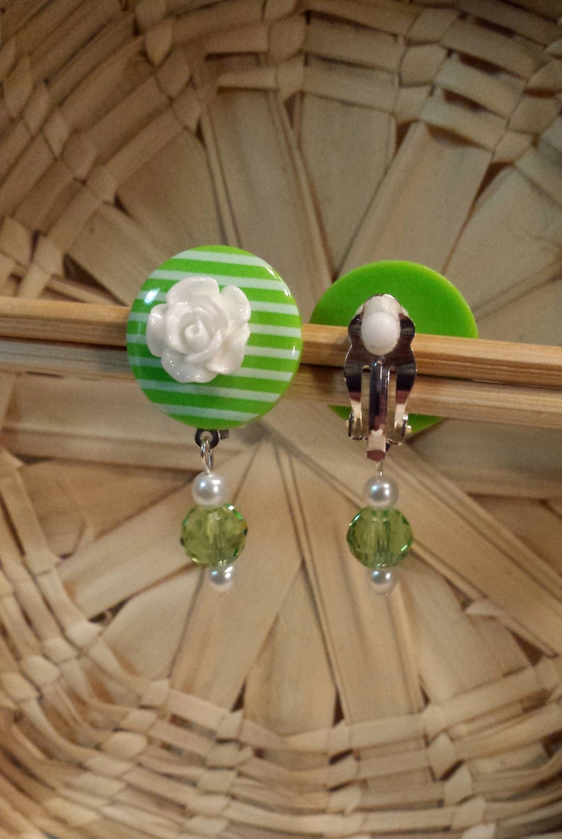 Lime Green and White Clip Dangle Earrings