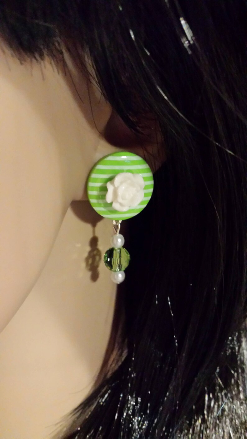 Lime Green and White Clip Dangle Earrings