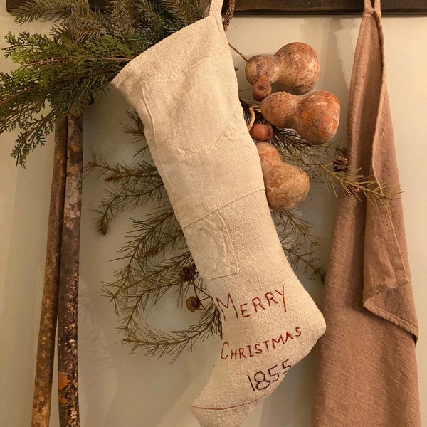 Beautiful Christmas stocking made from old Grain Sack