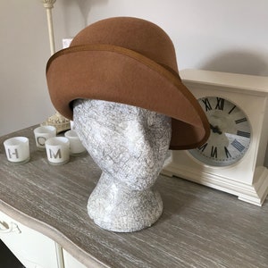 Downton Look Wool Felt Asymmetric Cloche Hat in Camel