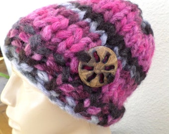 Hand Knit Hat, Slouchy Hat, Slouchy Beany, Chunky Wool Hat, Pink, lilac Hat, Winter Wool,Button Knit Women Hat,Buttoned Hat,Multicolor scarf