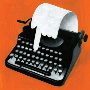 May include: A black vintage typewriter with a white paper roll coming out of it. A white hand is pointing down at the typewriter keys.