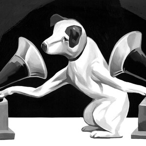 May include: A black and white illustration of a dog playing two vintage record players. The dog has its paws on the record players and is listening to the music. The record players have large horns.