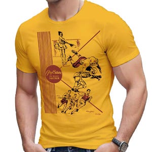 May include: A mustard yellow short-sleeved t-shirt featuring a dark red graphic print of various athletes in action, including a tennis player and football players. The design includes vertical lines and the text Pop Culture All Season Portfolio.