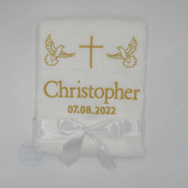 Baptism towel with white embroidered cross & dove