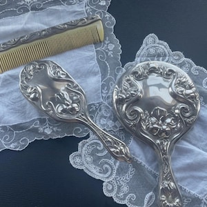 Vintage Silver Plated Vanity Set, Art Nouveau Floral Mirror Brush Comb