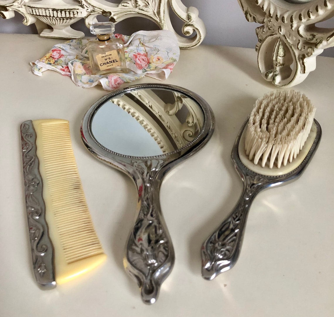 Vintage Silver Plated Vanity Set With Mirror Brush & Comb Etsy
