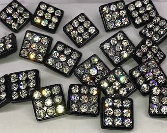 Dazzling 1950's Czechoslovakian Black Square Glass Rhinestone Buttons 10mm 13mm or 17mm Original Vintage Deadstock