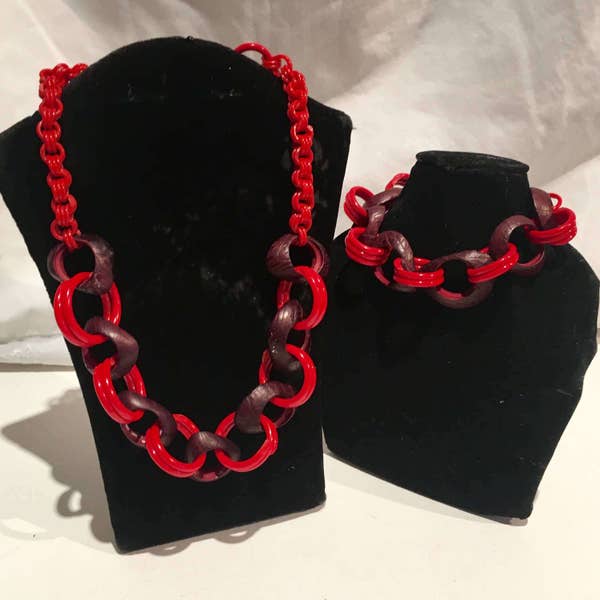 New Old Stock Vintage 1940's Red Celluloid Necklace & Bracelet Set