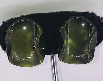 Vintage New Old Stock Original 1950s Olive Green Lucite Clip On Earrings Deadstock PEGGY