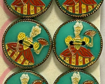 Crinoline Lady Green Hand painted 18mm Novelty Buttons 1950's Original Vintage Deadstock NBGD0520