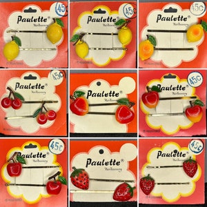 1960s Vintage New Old Stock Fruit Bobby Pins By Paulette Grips Hair Slide Decoration Lemon Cherry Apple Peach Strawberry Fruity Novelty