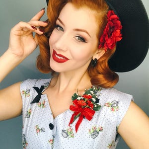 TRUE Vintage Millinery Plush Velvet Red Mini Hibiscus & Heather Corsage 1940&#39;S 1950&#39;S