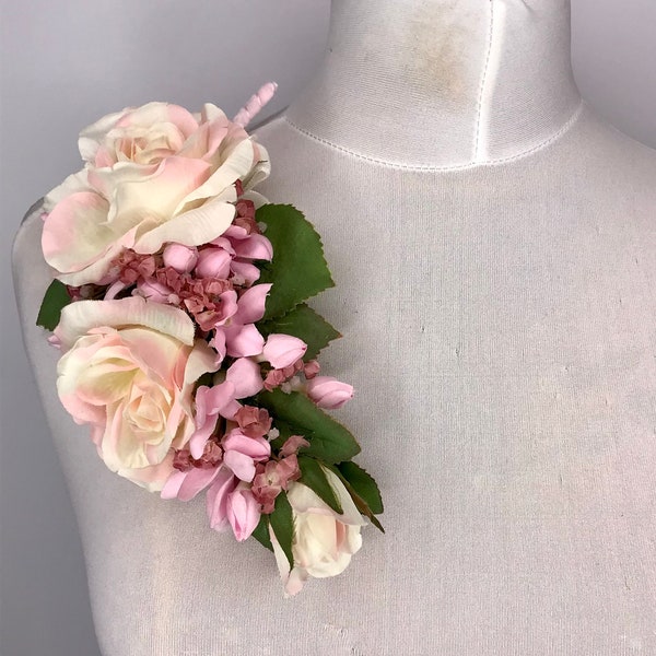 ONE OFF 1940's 1950's Hollywood Style Vintage Stock White with Pink Blush Rose & Pink Stephanotis Large Dress Corsage Vintage Style