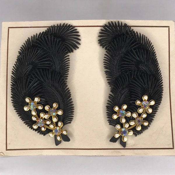 Vintage Deadstock New Old Stock 1950's Large AB Rhinestone Soft Plastic Black 6 Feather Fan Clip On Earrings