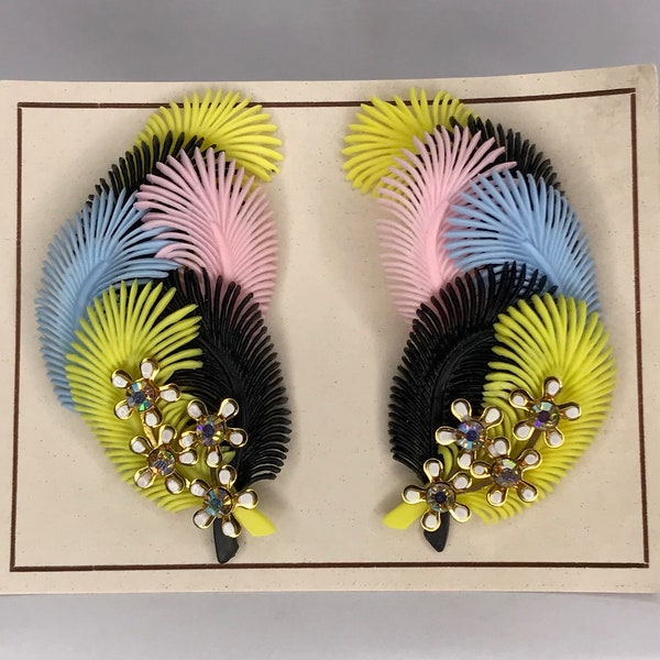 Vintage Deadstock New Old Stock 1950's Large AB Rhinestone Soft Plastic Rainbow Multi Colour 6 Feather Fan Clip On Earrings