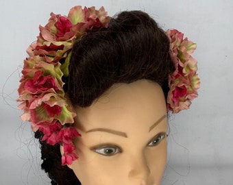 One Off Large Vintage Style 2 Piece Set Rosa & Verde Bendy Cascade Head Piece Pin Up Flor de pelo