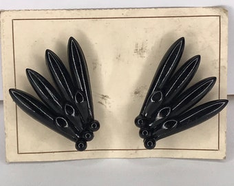 Vintage New Old Stock 1950s / 1960s Black Rocket Fan Clip On Earrings Deadstock