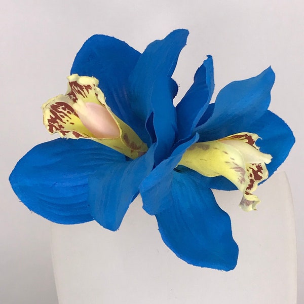 Bright Blue Double Cymbidium Orchid Pin Up Hair Flower Clip