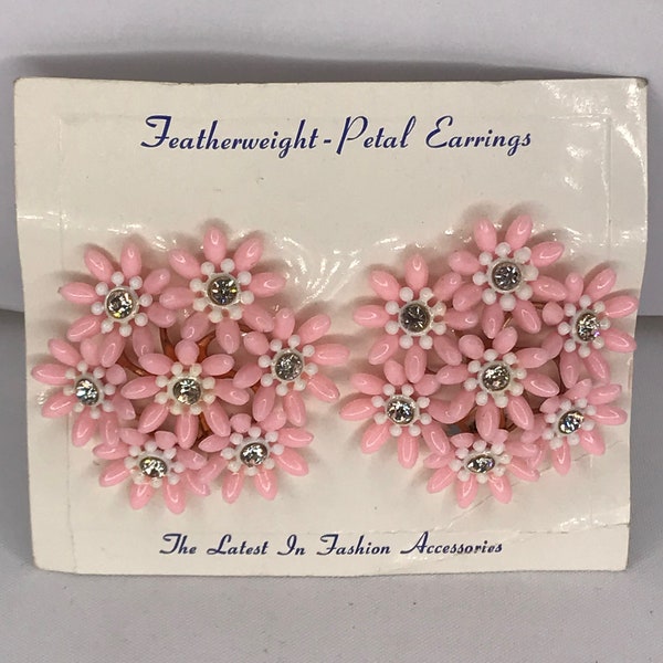 Vintage Deadstock 1950s / 1960s Large Pink Featherweight Petal Flower Cluster With Rhinestones Clip On Earrings