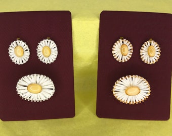 1950's Vintage New Old Stock White Raffia and Yellow Moonglow Glass Centre Earrings & Brooch Set