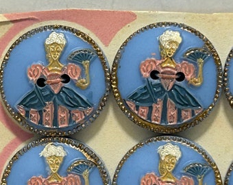 Crinoline Lady Blue Hand painted 18mm Novelty Buttons 1950's Original Vintage Deadstock NBGD0523
