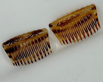 Vintage 1950s Pair Of Decorative Faux Tortoiseshell Shorty Combs New Old Stock Hair Comb Slide