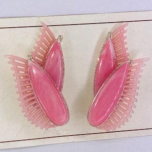 Original 1950's Vintage Deadstock Pink & Gold Double Winged Fan Clip On Ear Climber Earrings