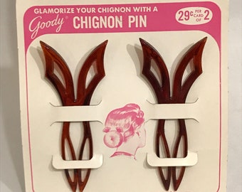 1950's Vintage Deadstock New Old Stock 4.25" GOODY CHIGNON PINS Double Prong Hair Pins Set Hair Forks Brown Lucite On Retail Backing Card