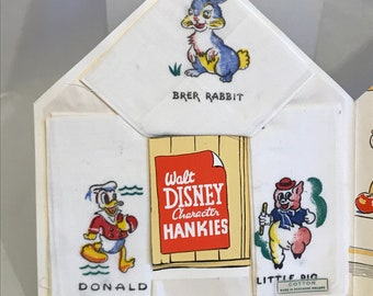 Unused Vintage 1940'S / 50's Walt Disney Mickey Mouse Ltd Pluto's Party Book Of Character Hankies Donald Duck Little Pig Brer Rabbit