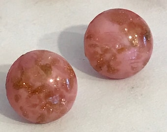 1 X 10mm 1920's Czechoslovakian Bohemian Glass Paperweight Gold Mica Fleck Pink Domed Button Original Antique Vintage Deadstock