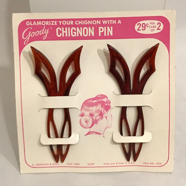 1950's Vintage Deadstock New Old Stock 4.25" GOODY CHIGNON PINS Double Prong Hair Pins Set Hair Forks Brown Lucite On Retail Backing Card