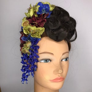 Limited Edition Winter Vintage Style Royal Blue, Burgundy & Green Dangle Bendy Cascade Head Piece Pin Up Hair Flower Christmas Holiday