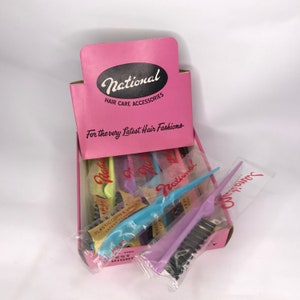 New Old Stock Display Box of 12 x Vintage NATIONAL 2 in 1  Teasing Comb & Brush 1950s Deadstock Backcombing Brush Hair Comb Rat Tail Comb