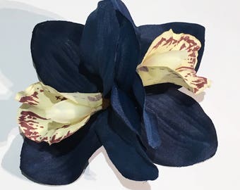 Navy Blue Double Cymbidium Orchid Pin Up Hair Flower Clip