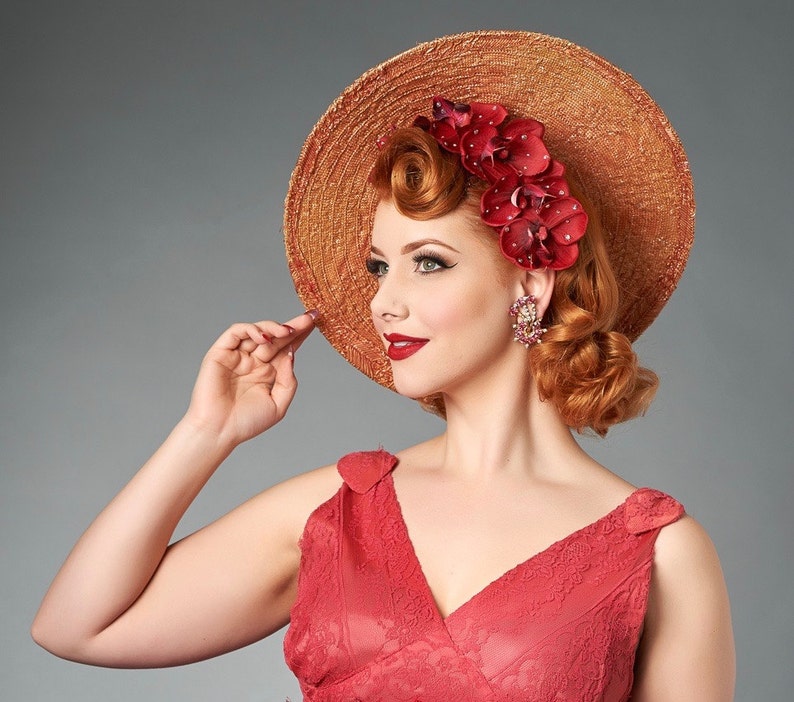 50s Hair Bandanna, Headband, Scarf, Flowers | 1950s Wigs     Swarovski Crystal Edition Red Phalaenopsis Orchid Cascade Head Piece Pin Up Hair Flower $28.61 AT vintagedancer.com