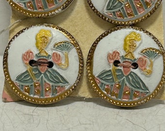 Crinoline Lady White Hand painted 18mm Novelty Buttons 1950's Original Vintage Deadstock NBGD0524