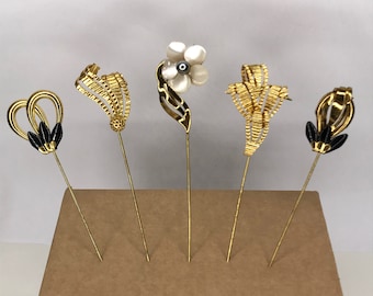Original Vintage New Old Stock 1950&#39;s GoldTone Metal Hat Pin 5 Design Options