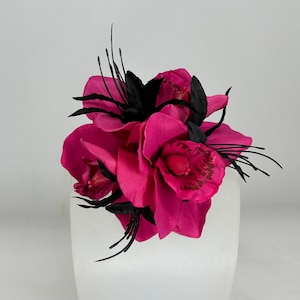 Hot Pink & Black Triple Cymbidium Orchid Pin Up Hair Flower Clip Vintage Style image 1
