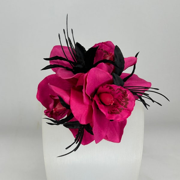 Hot Pink & Black Triple Cymbidium Orchid Pin Up Hair Flower Clip Vintage Style