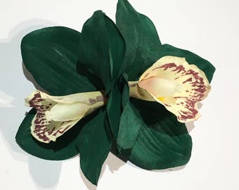 Dark Green Double Cymbidium Orchid Pin Up Hair Flower Clip
