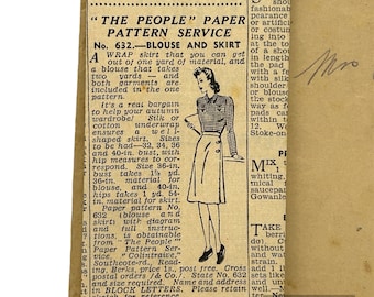 Original Paper 1940’s 40” Bust Blouse & Skirt Sewing Pattern By “The People” Paper Exclusive Pattern Service 632 PAT0187