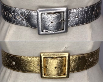 1940'S 1950'S Vintage New Old Stock Ladies WIDE Deco Metallic Finish Vinyl Belt 1,5 inch breed Goud of Zilver