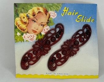 1 PAIR 1950's Brown Decorative Hair Slides New Old Stock Small Lucite Hair Slides Barrettes