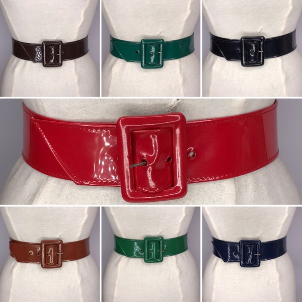 1940'S 1950'S Vintage New Old Stock 2 Inch Wide Ladies Patent Vinyl Belt Rectangular Buckle Patent