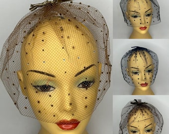 Vintage Rhinestone Crystal Original Bird Cage Veil With Velvet Bow & Chenille Spots Original 1950s V009