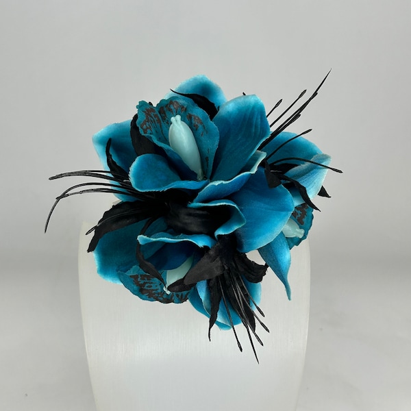 Turquoise Bleu & Noir Triple Cymbidium Orchidée Pin Up Hair Flower Clip vintage Style