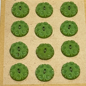 12 Lime Green 14mm 1930&#39;s Czechoslovakian Decorative Glass Buttons Original Vintage Deadstock NBGD0006
